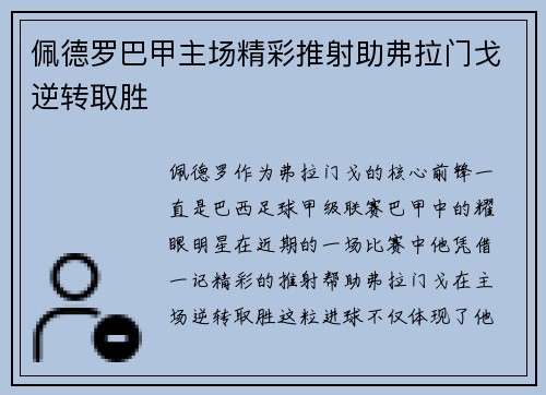 佩德罗巴甲主场精彩推射助弗拉门戈逆转取胜