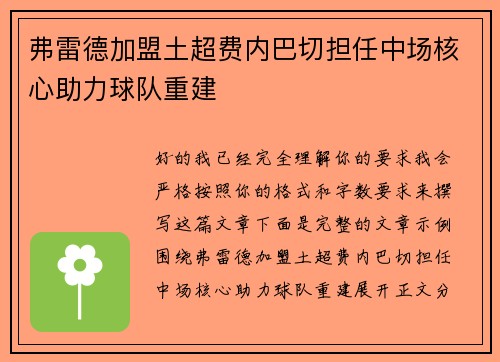 弗雷德加盟土超费内巴切担任中场核心助力球队重建