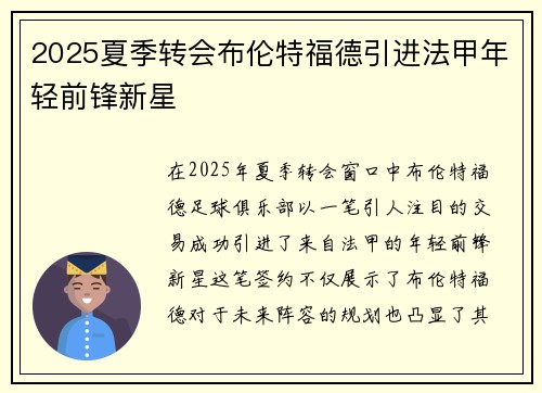 2025夏季转会布伦特福德引进法甲年轻前锋新星
